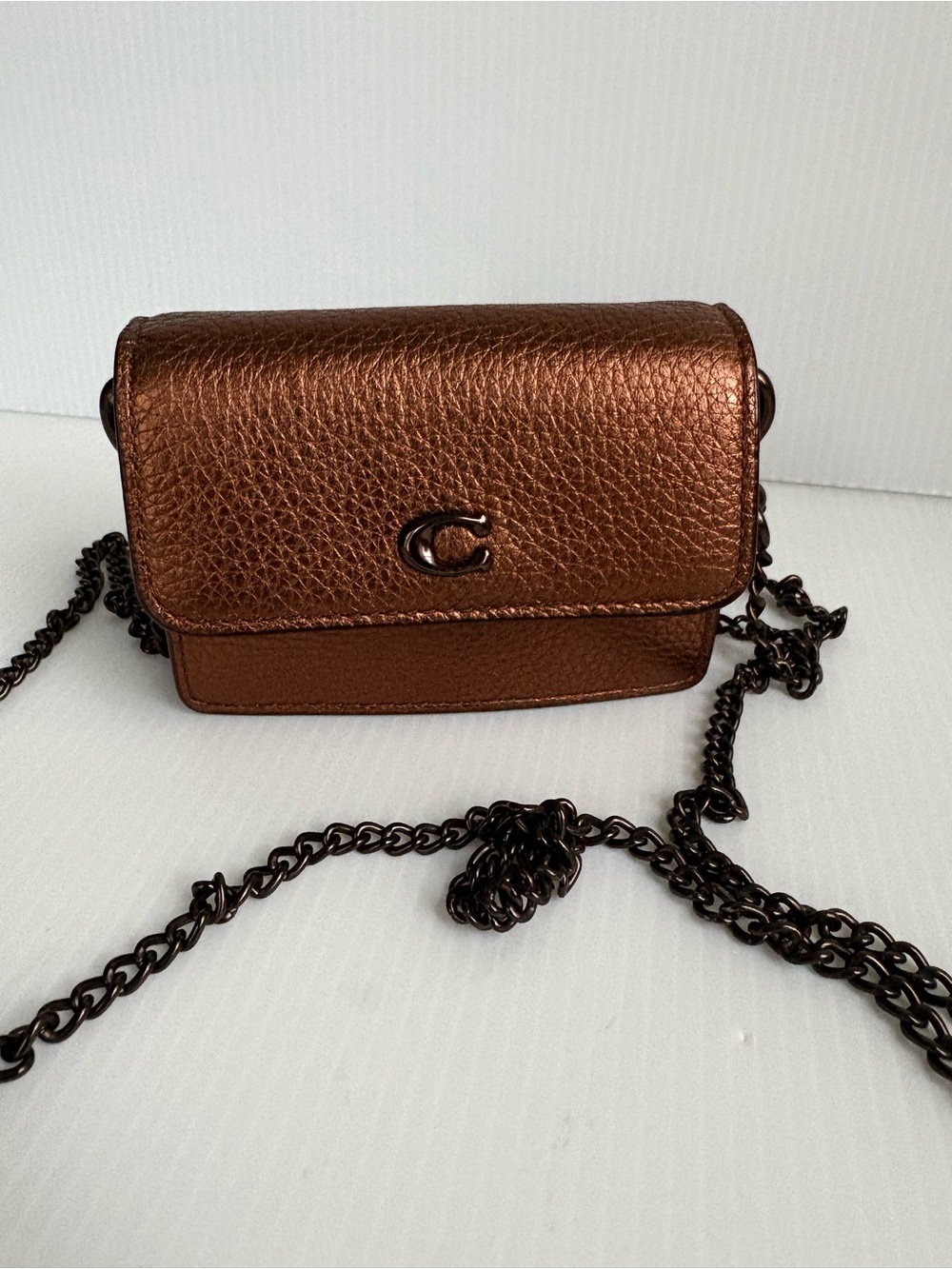 Coach Half Flap card Case Crossbody Bag  Metallic Bronze Chain Strap NWOT
